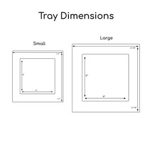 Pode incluir: Diagrama mostrando as dimens&otilde;es da bandeja. A bandeja pequena tem 15,2 cm por 15,2 cm no interior, com uma dimens&atilde;o externa de 24,1 cm. A bandeja grande tem 22,9 cm por 22,9 cm no interior, com uma dimens&atilde;o externa de 32,7 cm. Texto: "Dimens&otilde;es da bandeja".