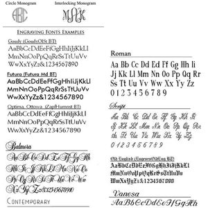 May include: A reference sheet displaying various rotary engraving fonts, including Goudy, Futura, and Optima, with examples of each font style. The sheet also shows monogram styles and sample text in different fonts.