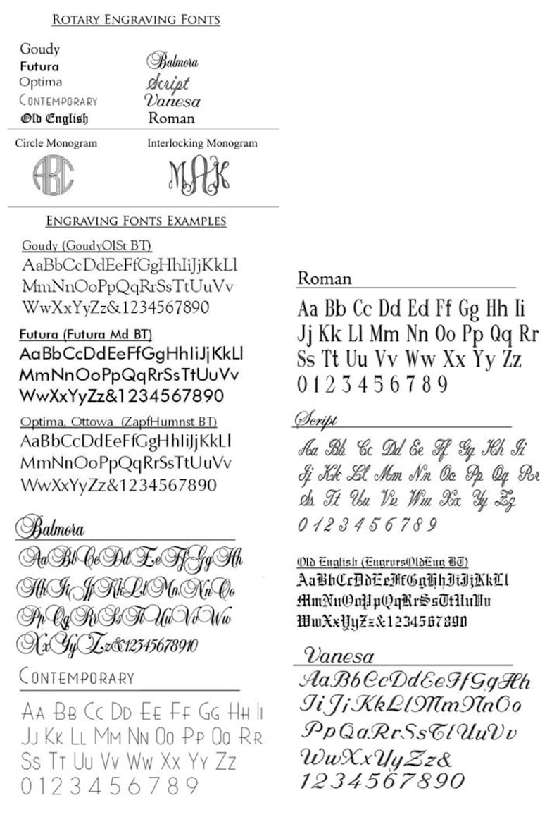 May include: A reference sheet displaying various rotary engraving fonts, including Goudy, Futura, and Optima, with examples of each font style. The sheet also shows monogram styles and sample text in different fonts.