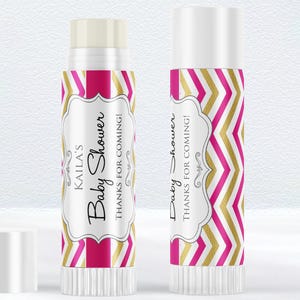 Printed Baby Shower Lip Balm Labels - Hot Pink & Gold Chevrons, 12 Labels for Favors, Cute Shower Favor Stickers