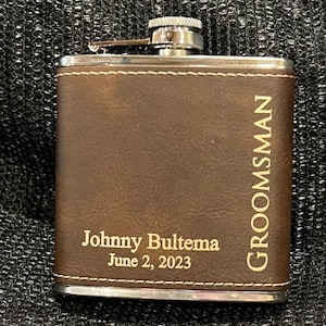 Groomsmen Gift, Personalized Flask Set for Men Rustic Brown Leather Hip Flask, Best Man Flask, Bridal Role Name Date Groomsman Flask No/Flask Only