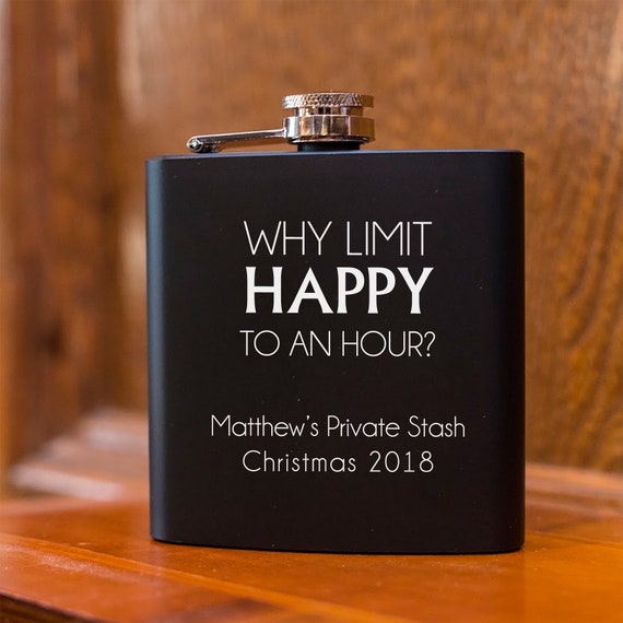 Happy Hour Flask Engraved Flask Personalized Black Flask