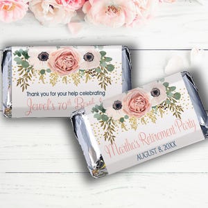 Personalized Peach Rose Miniature Chocolate Candy Bar Wrappers | Wedding, Rehearsal Dinner, Bridal Shower, Birthday, Retirement Decor & more