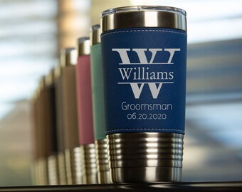Personalized Leather Travel Tumbler: Engraved Groomsman Gift 20 oz