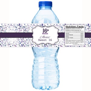 30 Colorful Purple Dots Sweet 16 Birthday Water Bottle Labels - Sweet 16 Water Bottle labels - Sweet 16 Labels - Birthday Water Bottle Label