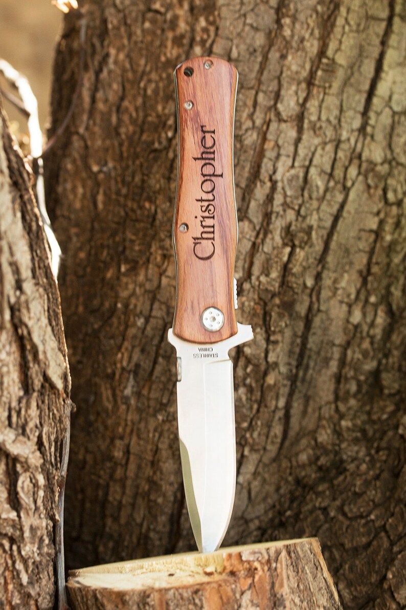 Personalized Pocket Knife, Hunting Knife, Gift for Men, Rosewood, Custom Camping Knife, Groomsmen Knife, Engraved Knifes, Engraved Wood image 2