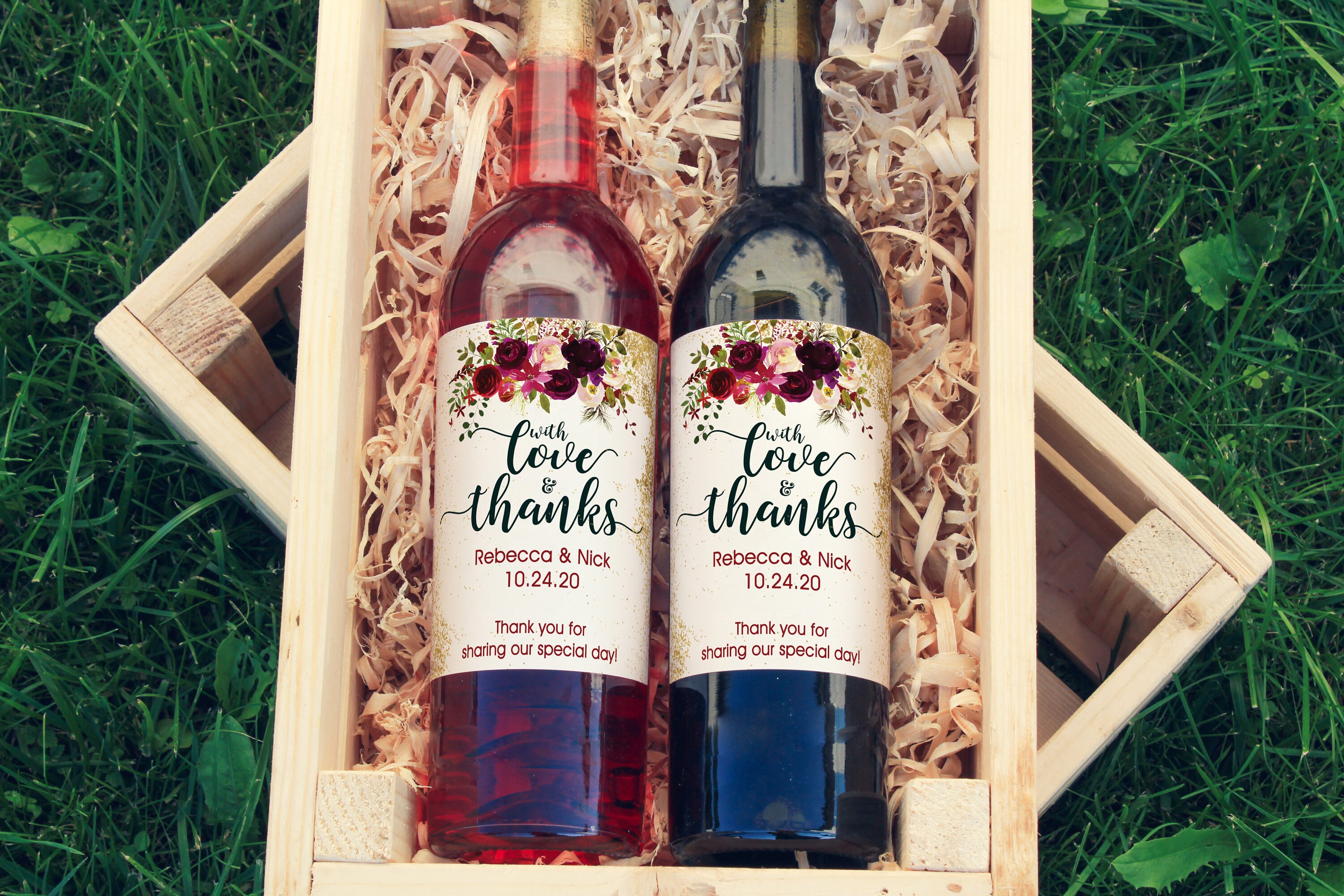 Thank You Wine Labels With Love and Thanks Burgundy Rose Wine Labels