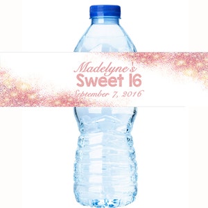 Coral Glitter Water Bottle label -Glitter Birthday Water Bottle Labels -  Sweet 16 Water Labels - Glitter Bottle wraps - Glitter Stickers