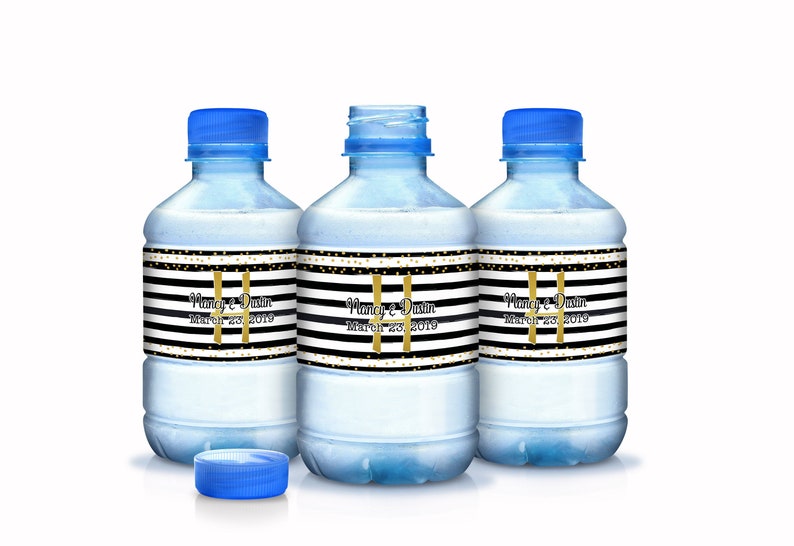 Waterproof Label 30 Black and White Gold Dots Monogram Wedding Water Bottle Labels Personalized Water Bottle Labels Bridal Shower Labels