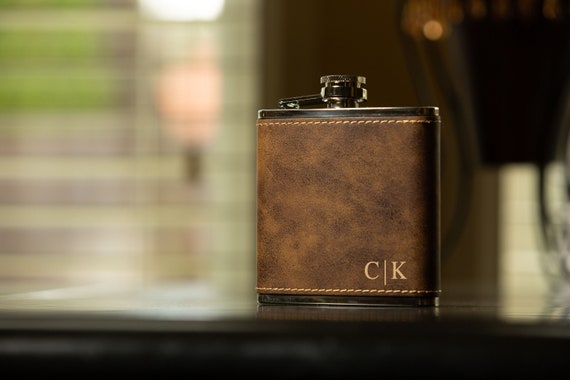 Groomsmen Gift, Personalized Flask Set for Men- Rustic Brown Leather Hip Flask, Best Man Flask, Initials Groomsman Flask Il_570xn