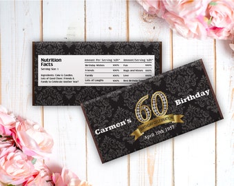 60th Birthday Candy Bar Wrappers | Diamond Damask Favors (Set of 12)