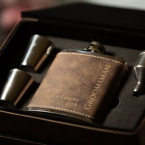 Groomsmen Gift, Personalized Flask Set for Men Rustic Brown Leather Hip Flask, Best Man Flask, Bridal Role Name Date Groomsman Flask image 1