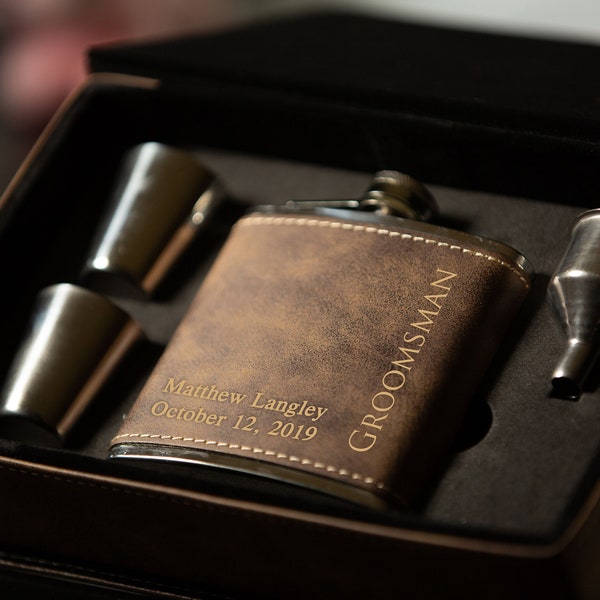 Groomsmen Gift, Personalized Flask Set for Men- Rustic Brown Leather Hip Flask, Best Man Flask, Bridal Role Name Date Groomsman Flask