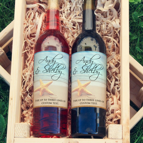 Starfish Wine Labels - 50th Anniversary Wine Labels - Starfish Beach Theme Wedding Favor - Wine Bottle Labels - Anniversary Decor - Set of 4