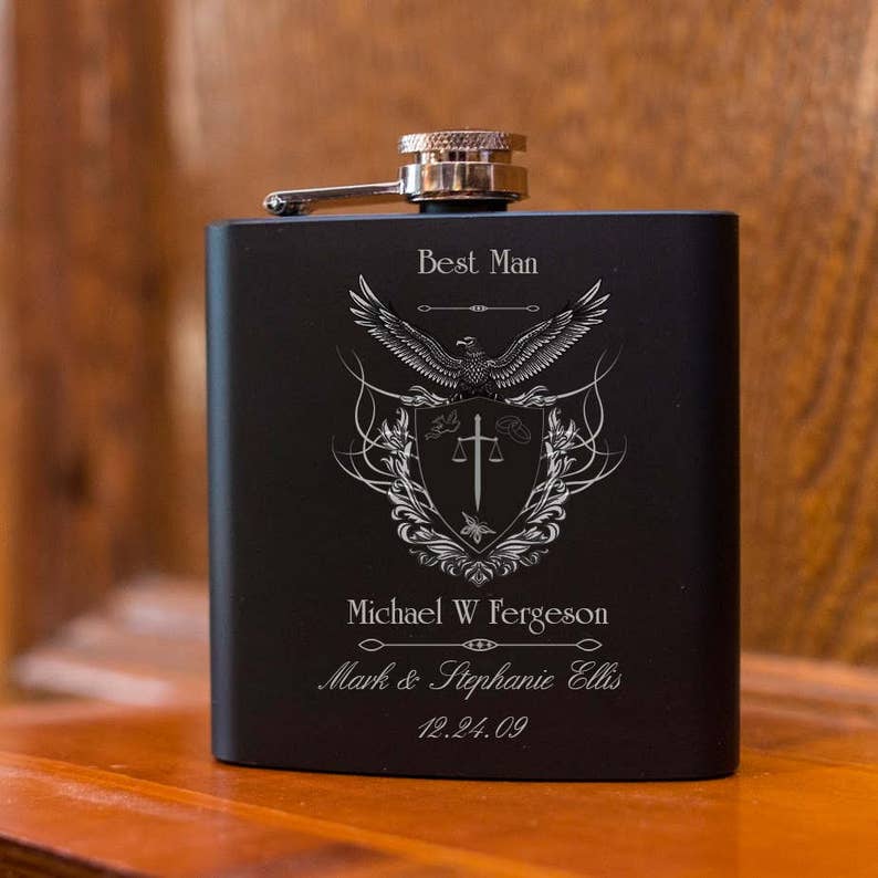 Personalized Black Flask, Hip Flask, Best Man Gift, Wedding Party Gift, Groomsman Gift, Custom Engraved Flask, Groomsman Wedding Gift image 1