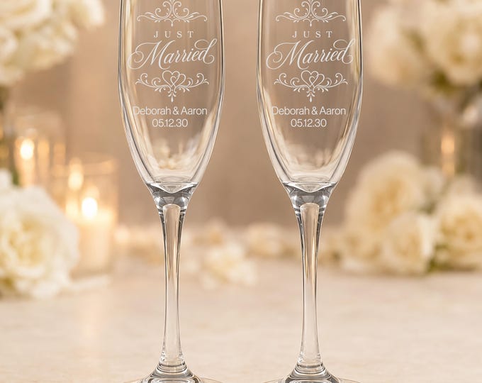 Personalized Just Married Champagne Flutes, Engraved Wedding Toasting Glasses, Set of 2
