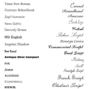 Op de afbeelding: Een lijst met graveerlettertypen, waaronder Times New Roman, Century Schoolbook, Zapf Humanist, News Gothic, University Roman, Old English, Imprint Shadow, Dom Casual, Antique Olive Compact, Kids, Jester, Algerian, Campbell, Stencil, Copperplate Gothic, Christmas Card, Coronet, Roundhand, Amazone, Bickley, Mistral, Palace Script, Monotype Corsiva, Commercial Script, Brush Script, Monterey, Snell, Freestyle Script, French Script, Vladimir Script, Edwardian Script en Script MT Bold.