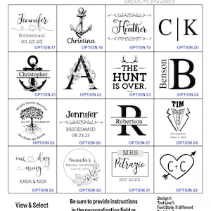 Pode incluir: Um gr&aacute;fico de op&ccedil;&otilde;es de design com v&aacute;rias op&ccedil;&otilde;es de texto e gr&aacute;ficos para itens personalizados. Inclui nomes, datas e frases como "Bridesmaid", "The Hunt is Over" e iniciais. Instru&ccedil;&otilde;es de personaliza&ccedil;&atilde;o tamb&eacute;m s&atilde;o fornecidas.