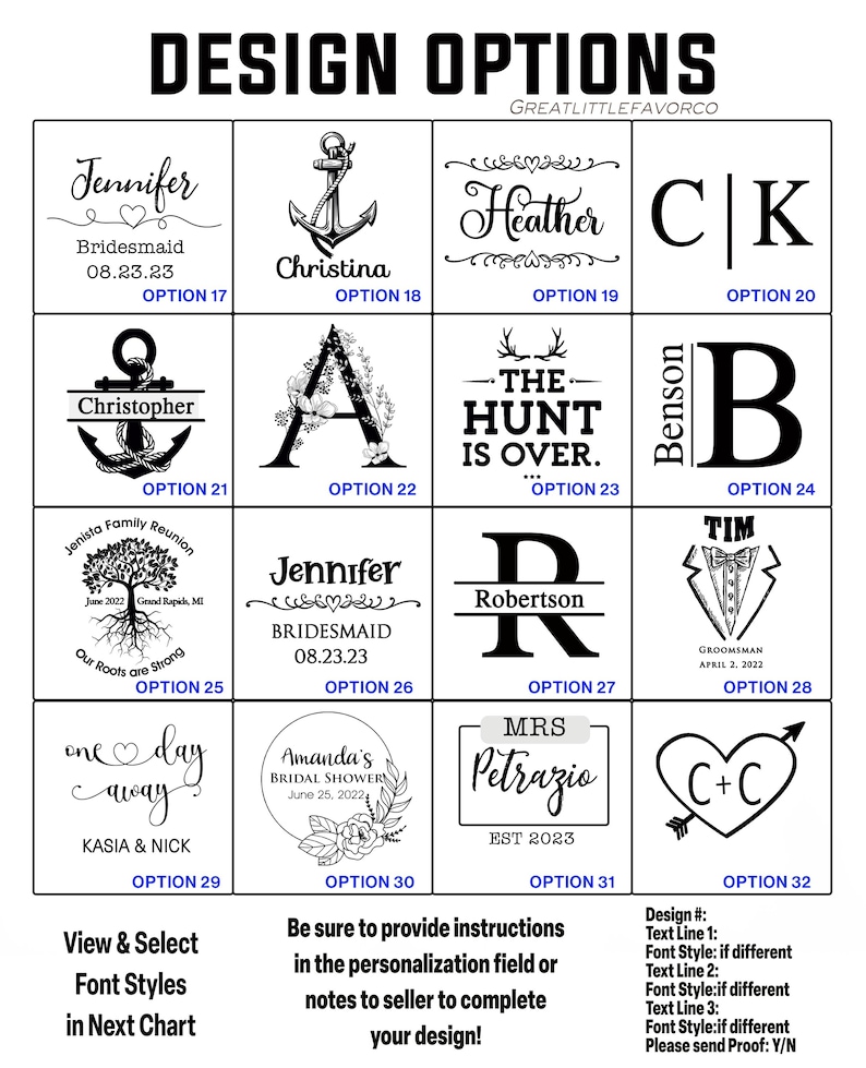 Pode incluir: Um gr&aacute;fico de op&ccedil;&otilde;es de design com v&aacute;rias op&ccedil;&otilde;es de texto e gr&aacute;ficos para itens personalizados. Inclui nomes, datas e frases como "Bridesmaid", "The Hunt is Over" e iniciais. Instru&ccedil;&otilde;es de personaliza&ccedil;&atilde;o tamb&eacute;m s&atilde;o fornecidas.