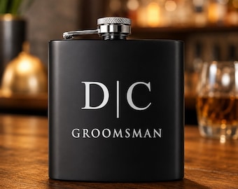 Personalized Black Groomsman Flask, Engraved Couple Initials, Best Man and Wedding Party Gift Set
