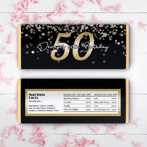 12 Large 50th Birthday Personalized Candy Bar Wrappers - Black, Silver, Gold and White