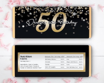 Elegant 50th Birthday Personalized Candy Bar Wrappers - Black, Silver, Gold, and White (Set of 12)