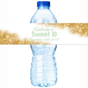30 Gold Faux Glitter Water Bottle label - Glitter Birthday Water Bottle Labels -  Sweet 16 Water Labels - Glitter Bottle wraps - Stickers
