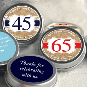 Burlap Birthday Mint Tin Favors, 45th Birthday Favors, Navy Blue Birthday Favors, Candy Birthday Favors, Birthday Decor image 5