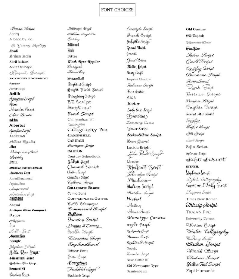 May include: A black and white image showcasing a comprehensive list of font choices. The text "FONT CHOICES" is at the top. Various font styles are displayed, including script, serif, and sans-serif options, ideal for graphic design projects.