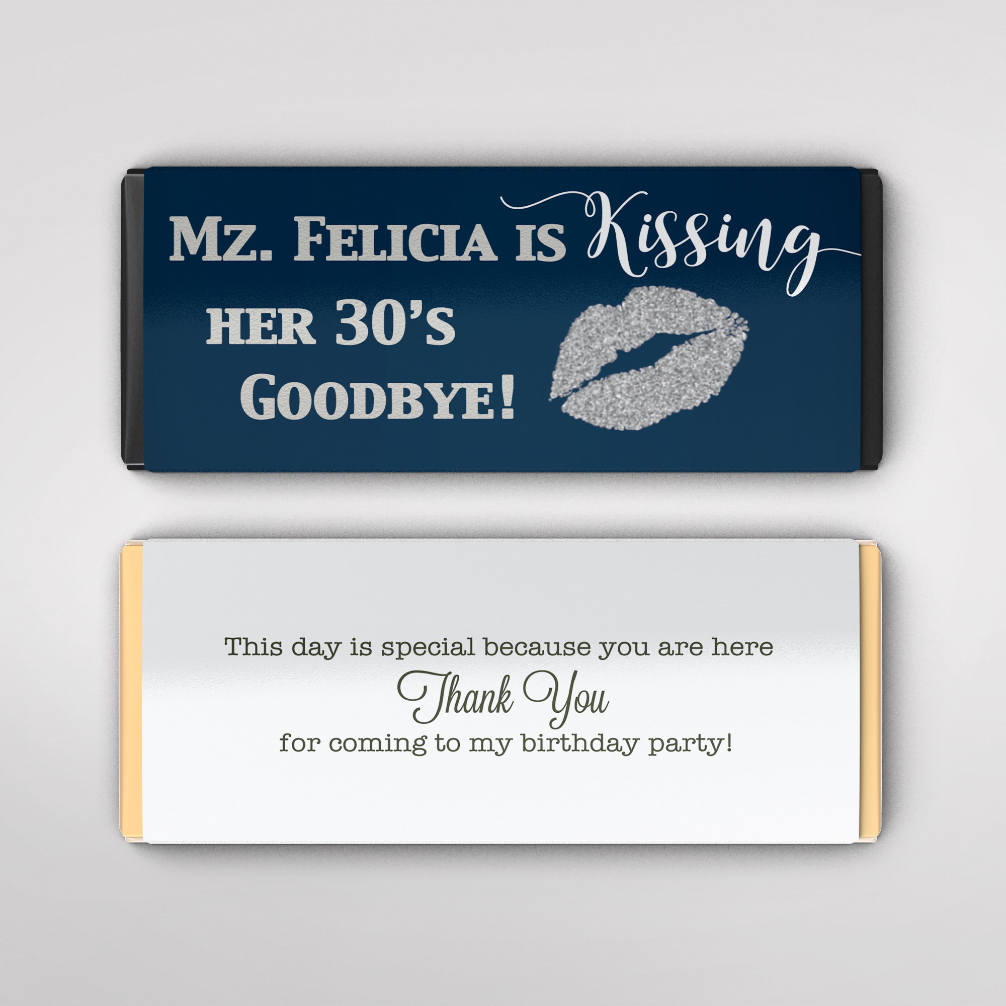 Kissing Her 30's Goodbye Personalized Large Chocolate Candy Bar Wrappers  Navy Blue and Silver set of 12 - Etsy