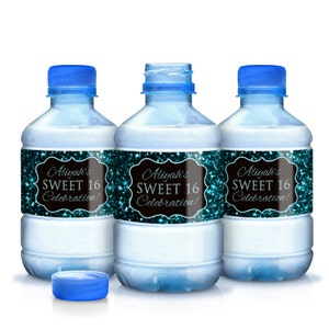 Blue Glitter Sweet 16 Birthday Water Bottle Labels  - Sweet 16 Birthday Labels - Blue Glitter Labels - Birthday Decor