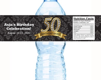 30 Birthday Water Bottle Labels, Personalized Bottle Labels, Black Birthday Labels, Birthday Bottle Wrap, 50th Diamond, Adult Birthday Favor