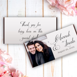 Personalized Chocolate Bar Stickers | Printed Labels for Full Size Candy Bar | Wedding | Names Date Photo | Thank You Favors | Set of 12