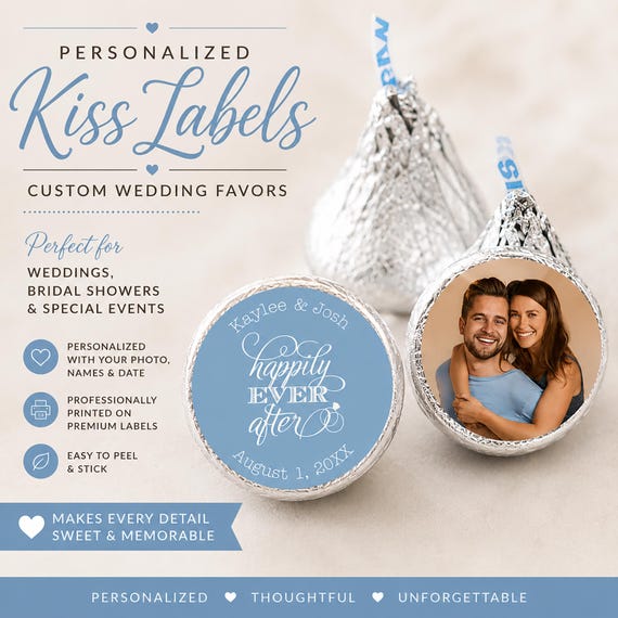 Personalized Wedding Kiss Stickers, Photo Candy Favor Labels, Happily Ever After