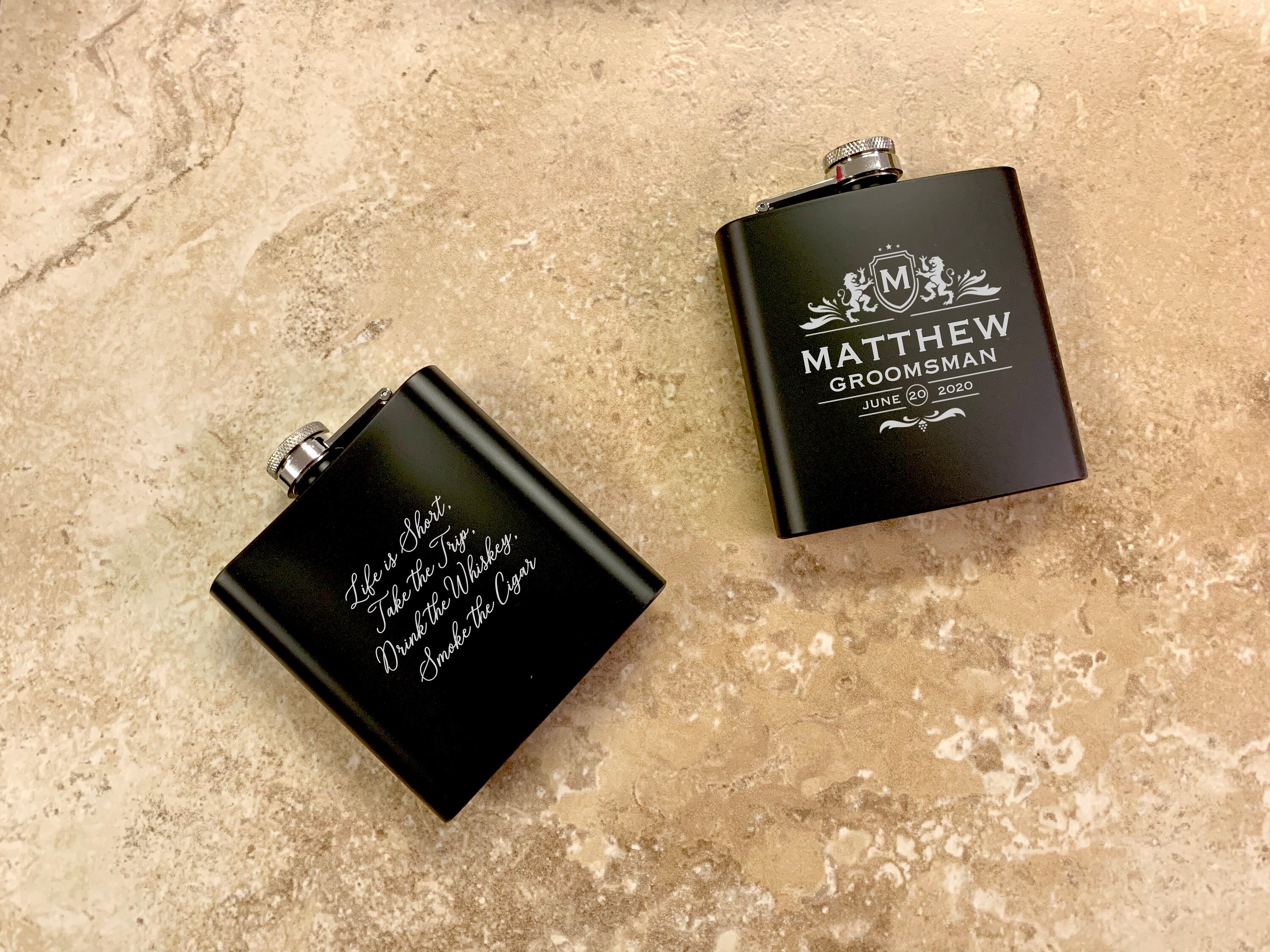 Groomsman Gift Personalized Flask Set for Men Custom Engraved Black Hip Flask Best Man
