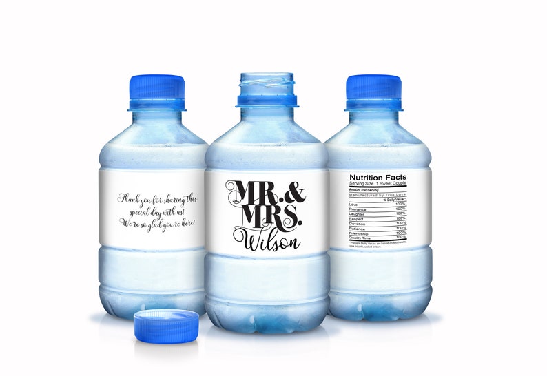 Printed Water Bottle Labels Mr and Mrs Custom Color Waterproof, Smudge proof, Peel and Stick Bridal Shower, Wedding 30 Labels image 1