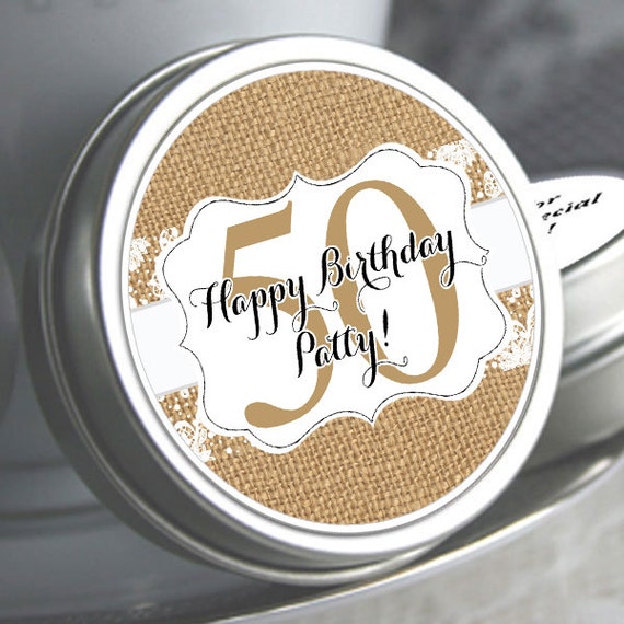 Burlap and Lace Birthday Mint Tin Favors, Birthday Candy Favors, 50th