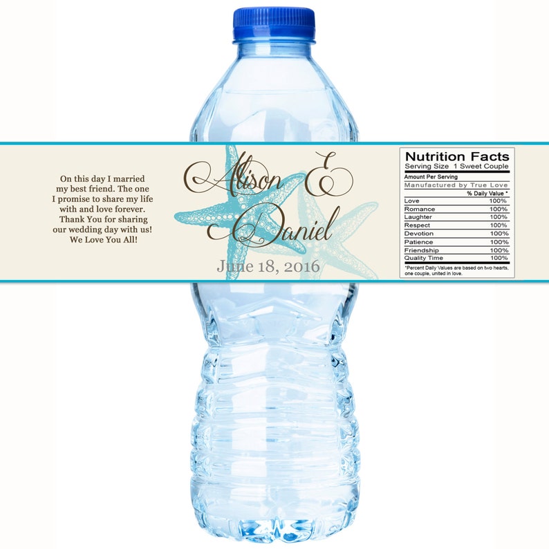 May include: Wedding water bottle label with a light blue background featuring two starfish and the text "Alison & Daniel" in brown cursive font. The date "June 18, 2016" is printed below the names. The label also includes a nutrition facts section with a list of wedding-related items like love, romance, laughter, and respect, all with a 100% daily value.