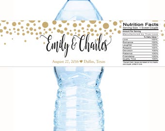 30 Printed Water Bottle Labels | Gold Dots | Waterproof, Smudge proof, Peel and Stick | Weddings, Bridal Shower, Birthday and more