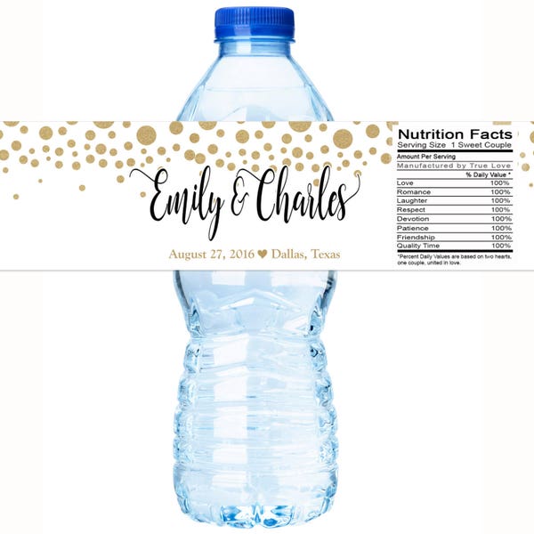 30 Printed Water Bottle Labels | Gold Dots | Waterproof, Smudge proof, Peel and Stick | Weddings, Bridal Shower, Birthday and more