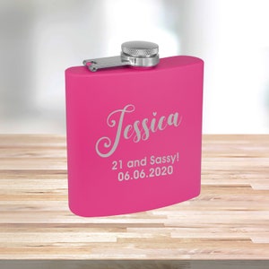 Personalized Matte Pink Flask Custom Flask Engraved Pink Flask Birthday Flask Wedding Party Gift Bridesmaid Gift Pink Flask Name Flask