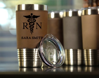 Personalized Leather Travel Tumbler 20 oz | Nurse Tumbler | Gift for Nurse  | Nursing School Graduation Gift  | Insulated Coffee Travel Mug