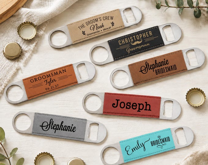 Personalized Bottle Opener Favor, Custom Engraved Leatherette Beer Opener, Bar Tool Gift for Groomsmen or Bartender