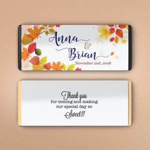 12 Large Personalized Candy Bar Wrappers - Bridal Shower Favor  -  Fall Wedding Decor - Birthday Favor  - Fall Leaves (Set of 12)
