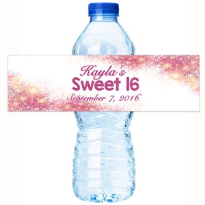 30 Pink Glitter Water Bottle label - Glitter Birthday Water Bottle Labels -  Sweet 16 Water Bottle Labels