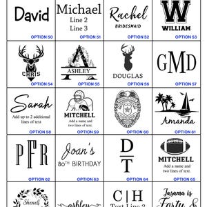 Pode incluir: Uma grade de op&ccedil;&otilde;es de design com texto e gr&aacute;ficos. As op&ccedil;&otilde;es incluem nomes como David, Michael, Rachel e William, juntamente com elementos decorativos como um veado, uma bola de futebol e desenhos florais. O texto "DESIGN OPTIONS" est&aacute; no topo.
