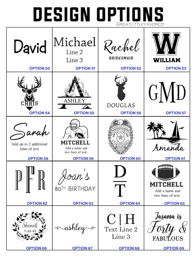 Pode incluir: Uma grade de op&ccedil;&otilde;es de design com texto e gr&aacute;ficos. As op&ccedil;&otilde;es incluem nomes como David, Michael, Rachel e William, juntamente com elementos decorativos como um veado, uma bola de futebol e desenhos florais. O texto "DESIGN OPTIONS" est&aacute; no topo.