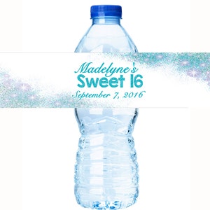 30 Blue Faux Glitter Water Bottle label - Glitter Birthday Water Bottle Labels -  Sweet 16 Water Labels - Glitter Bottle wraps - Stickers
