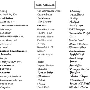 May include: A list of font choices for design projects. The fonts are listed in alphabetical order with a variety of styles, including serif, sans-serif, script, and handwritten.