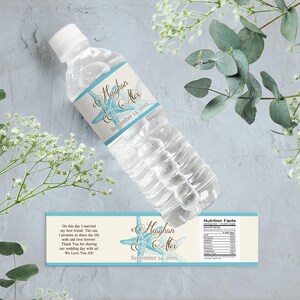 May include: A blue and white wedding water bottle label with a starfish design. The label says "Meghan & Alex" and "September 14, 20XX".